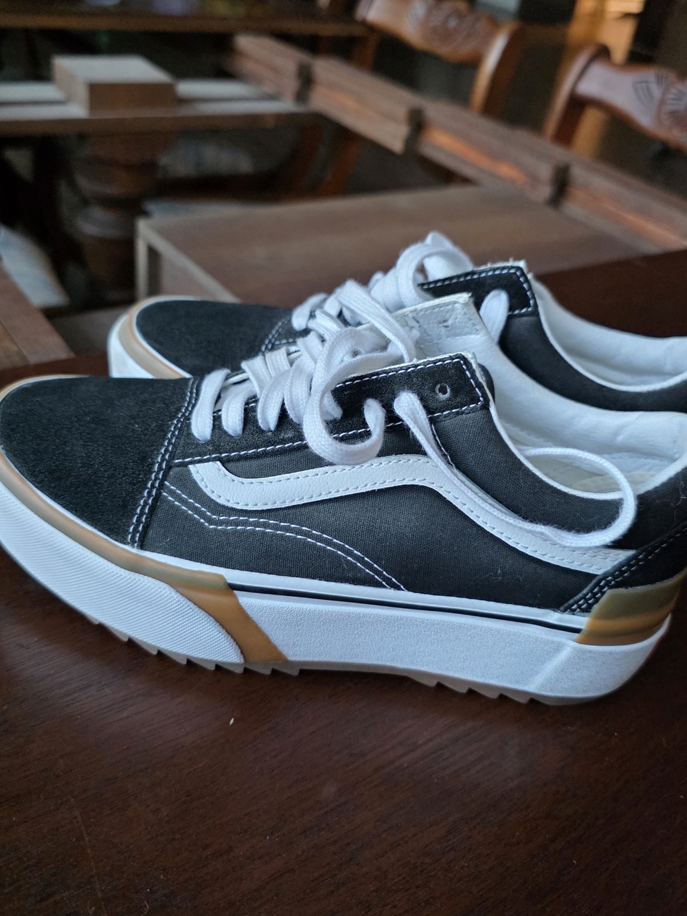 Vans Black & White Low-Top Skate Shoes with Tan Accents